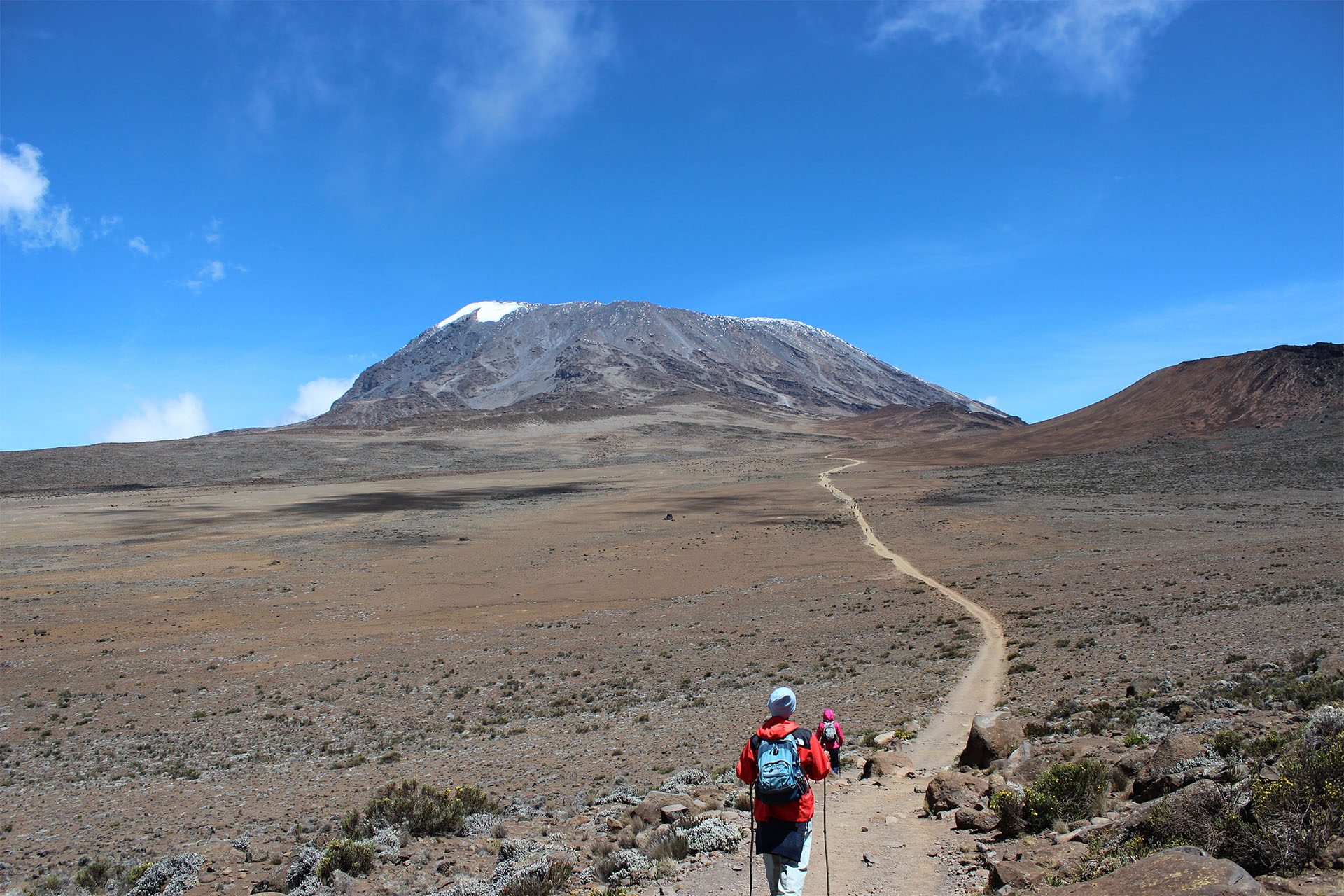 The classic Marangu trail winding toward Kilimanjaro's majestic peak under clear blue skies