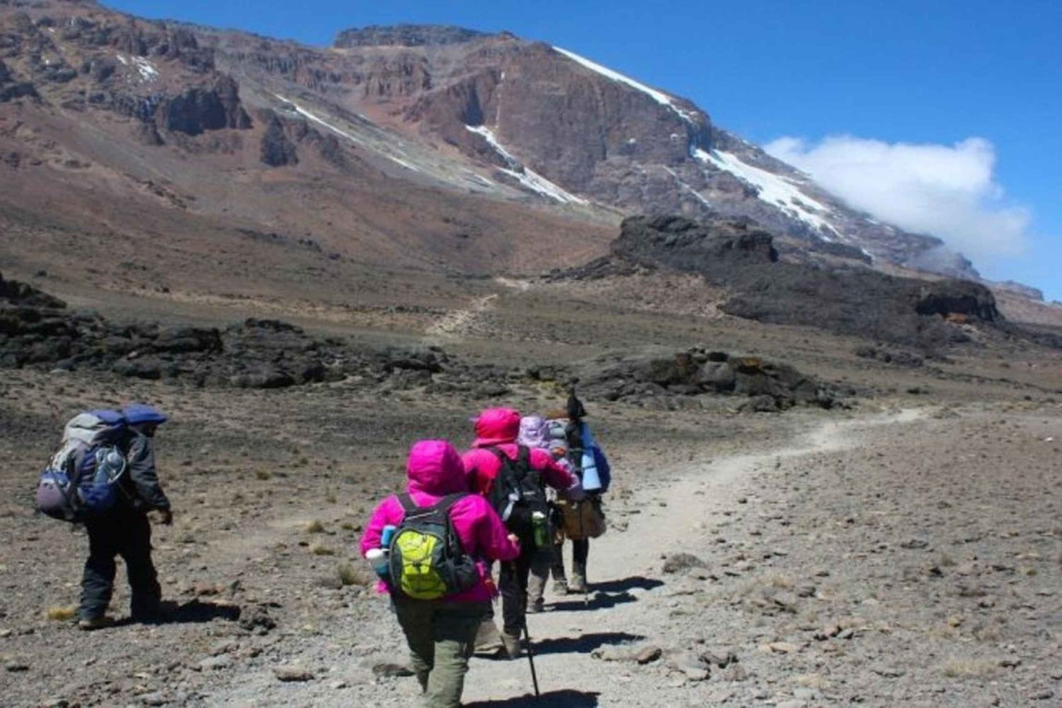 Climbers in colorful gear ascending the northern slopes with Kilimanjaro's dramatic glaciated summit ahead